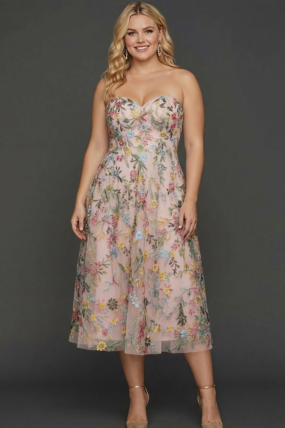 Plus Size Floral Mauve A Line Sweetheart Midi Embroidered Prom Dress