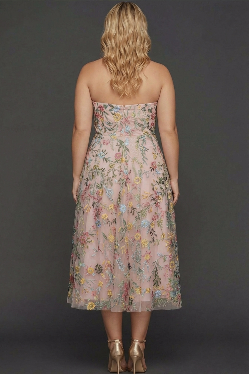 Plus Size Floral Mauve A Line Sweetheart Midi Embroidered Prom Dress