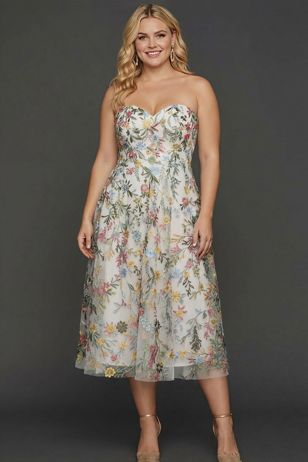 Plus Size Floral Mauve A Line Sweetheart Midi Embroidered Prom Dress