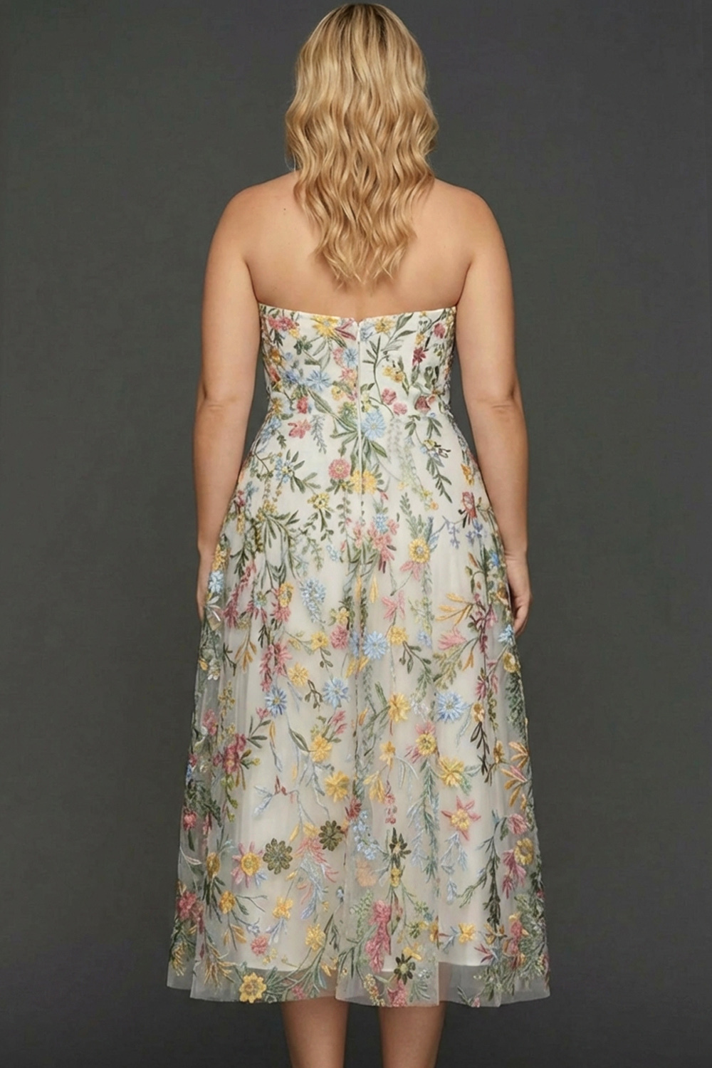 Plus Size Floral Mauve A Line Sweetheart Midi Embroidered Prom Dress