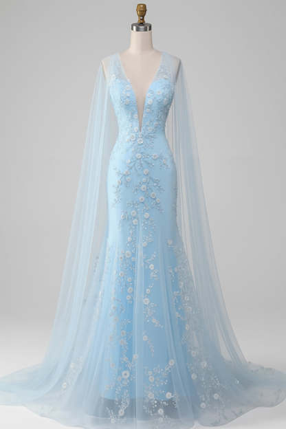 Leely Women Floral Light Blue Long Mermaid Prom Dress with Cape V-Neck Backless Pageant Dress with Embroidery