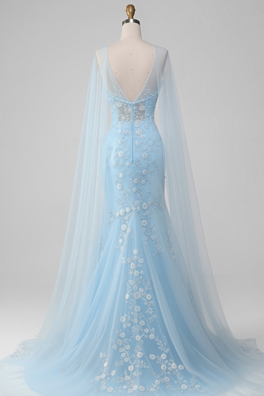 Floral Light Blue Mermaid V-Neck Lace Long Prom Dress with Cape