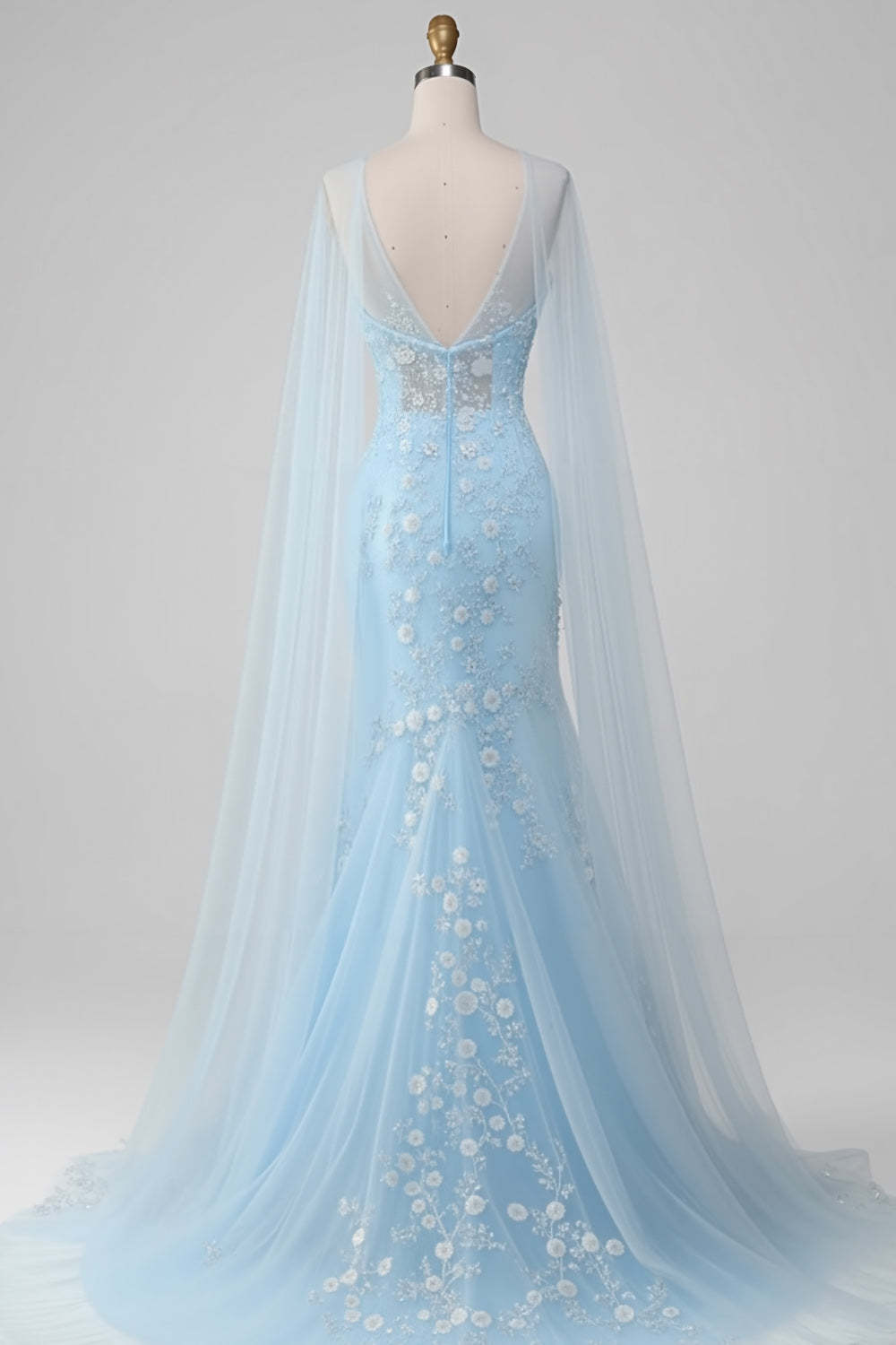 Floral Light Blue Mermaid V-Neck Lace Long Prom Dress with Cape
