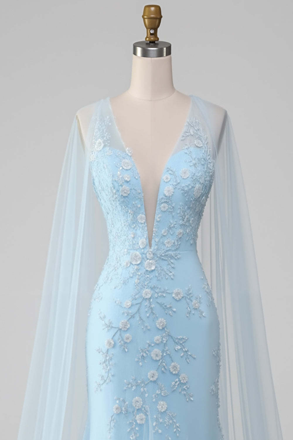 Floral Light Blue Mermaid V-Neck Lace Long Prom Dress with Cape