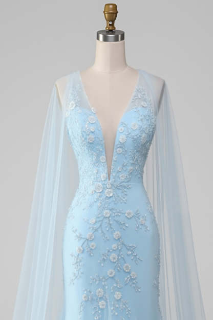 Floral Light Blue Mermaid V-Neck Lace Long Prom Dress with Cape
