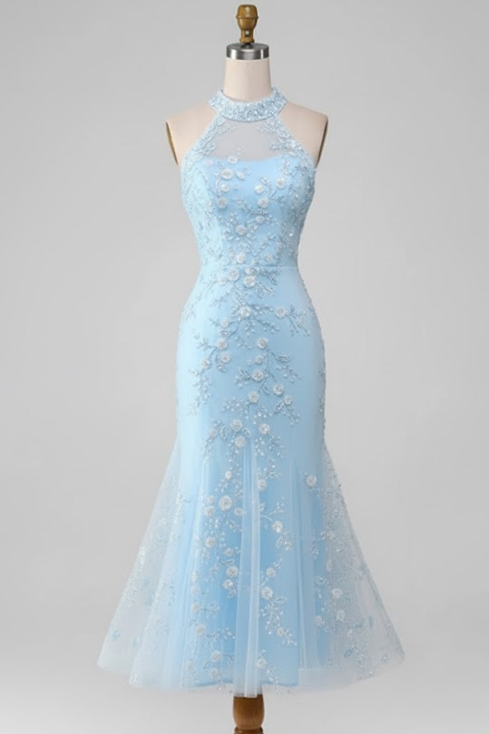 Floral Light Blue Mermaid Backless Lace Midi Prom Dress