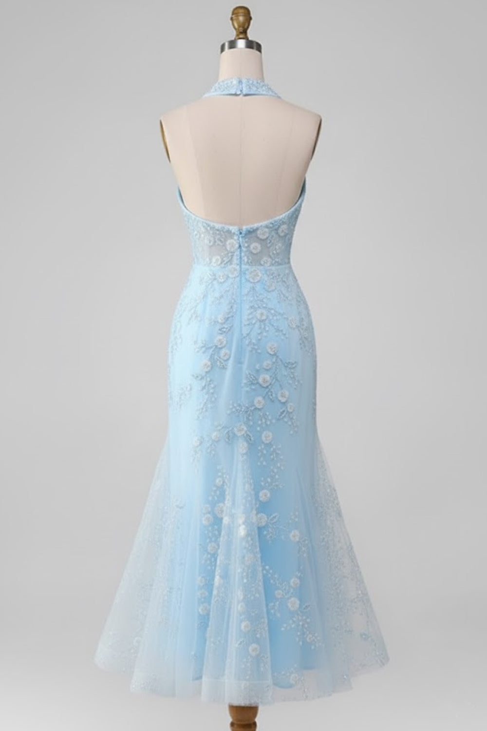 Floral Light Blue Mermaid Backless Lace Midi Prom Dress