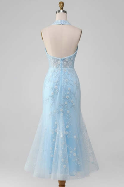 Floral Light Blue Mermaid Backless Lace Midi Prom Dress