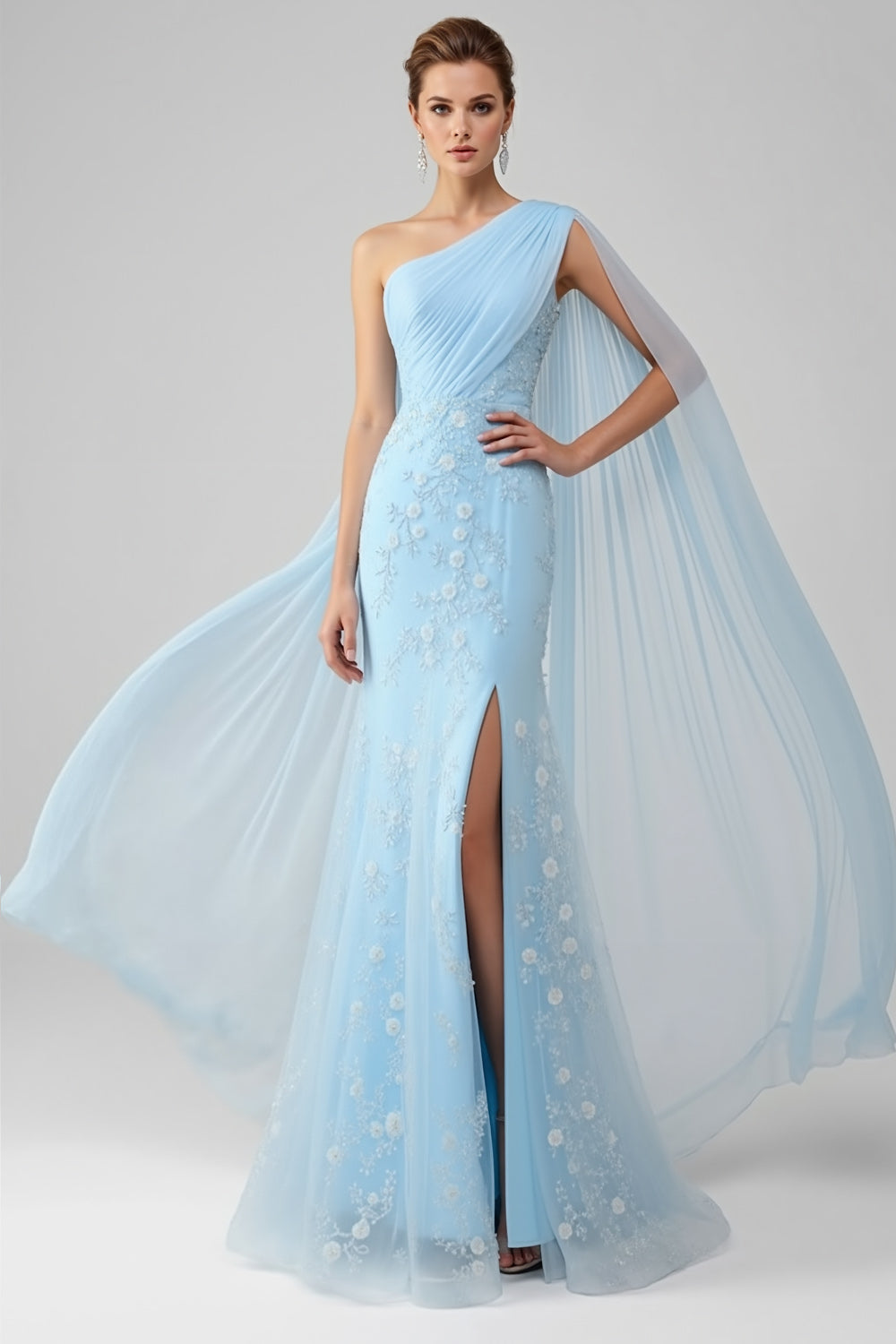 Leely Women Floral Light Blue Mermaid Long Prom Dress with Cape Backless Lace One Shoulder Pageant Dress with Slit