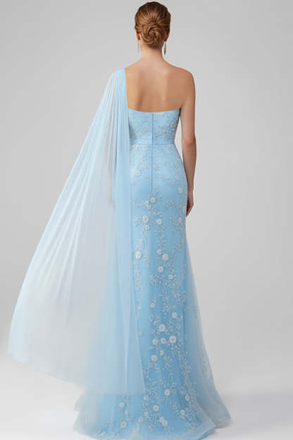 Floral Light Blue Mermaid Backless Lace Long Prom Dress with Cape