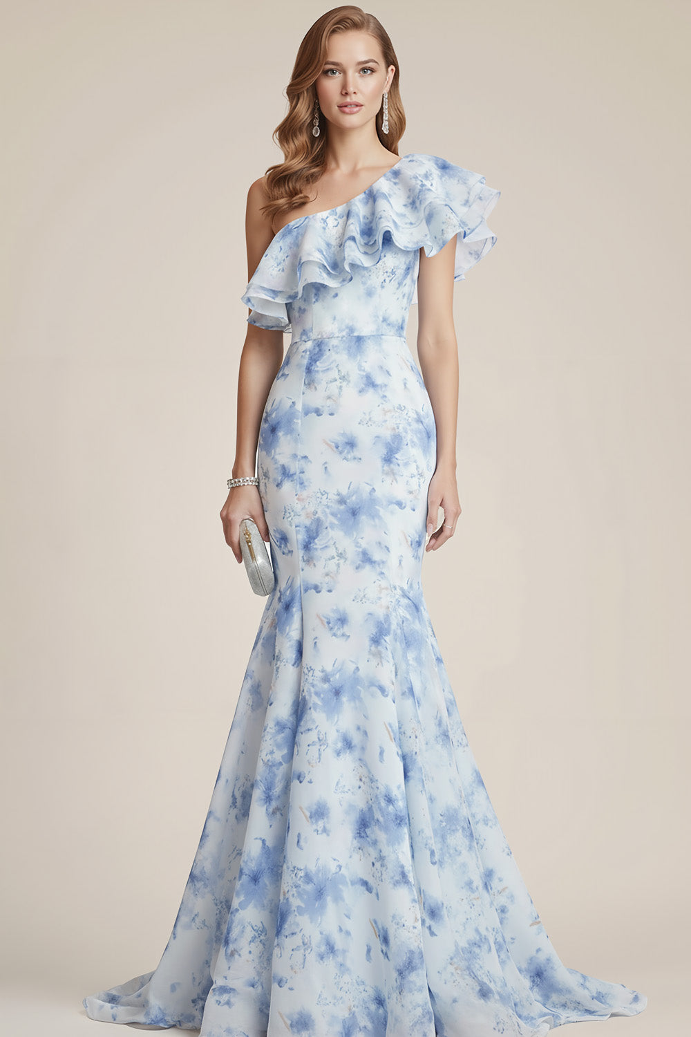 Leely Women Blue Floral Mermaid Long Bridesmaid Dress with Ruffles One Shoulder Backless Wedding Guest Dress