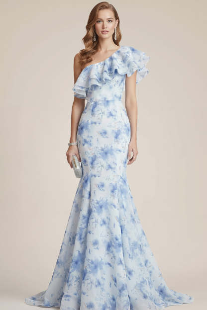 Leely Women Blue Floral Mermaid Long Bridesmaid Dress with Ruffles One Shoulder Backless Wedding Guest Dress