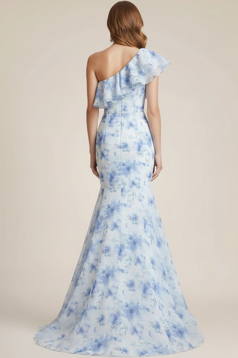 Blue Floral One Shoulder Mermaid Long Bridesmaid Dress with Ruffles
