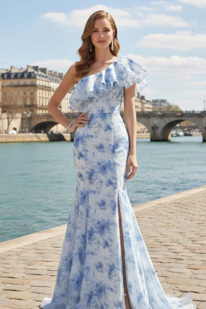 Blue Floral One Shoulder Mermaid Long Bridesmaid Dress with Ruffles