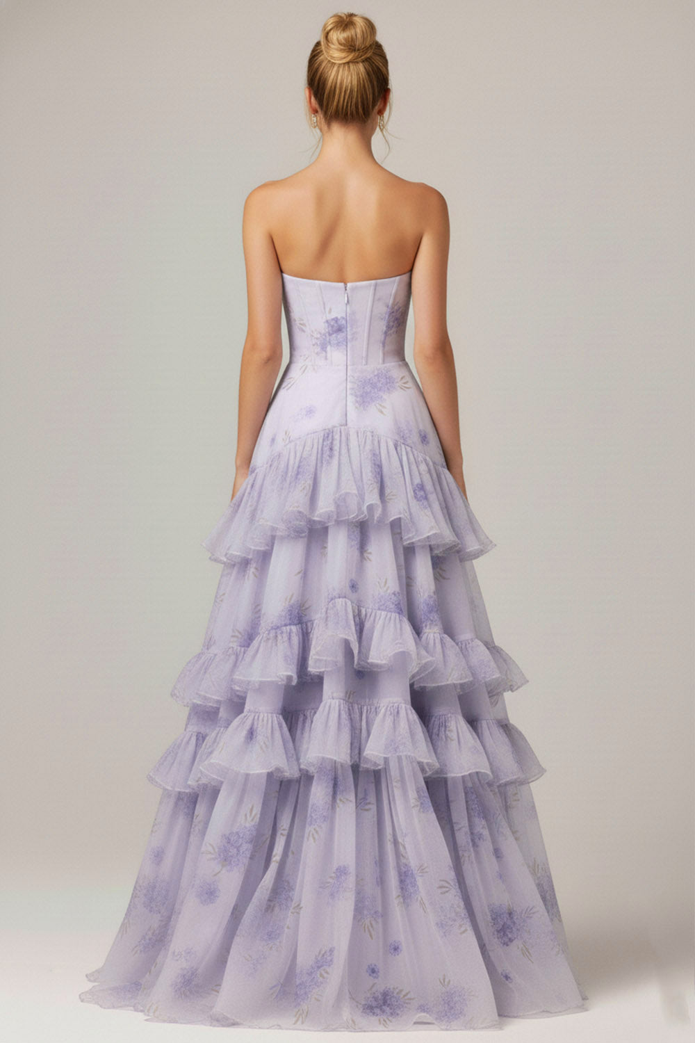 Floral Lilac Ruffled A Line Tiered Long Corset Prom Dress