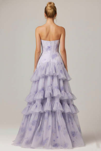 Floral Lilac Ruffled A Line Tiered Long Corset Prom Dress