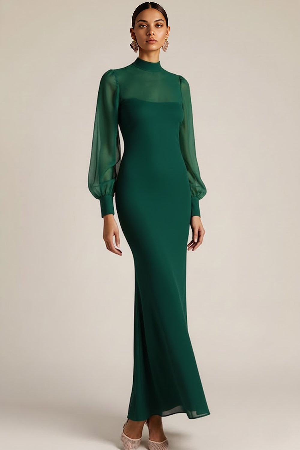 Emerald Green High Neck Mermaid Long Sleeves Wedding Guest Dress