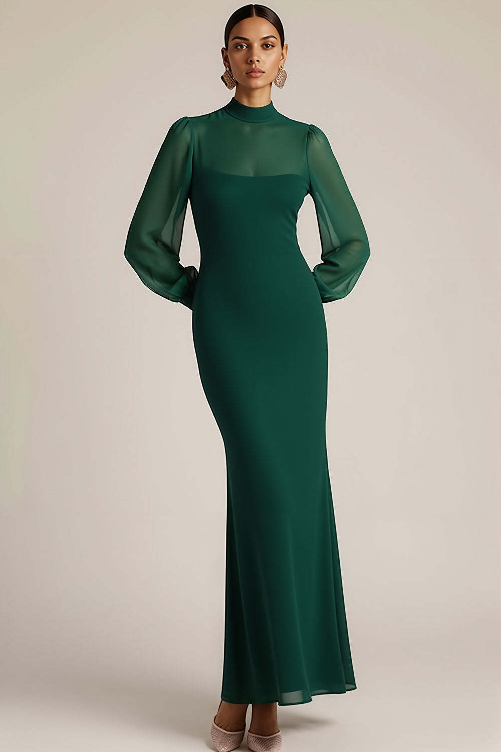 Emerald Green High Neck Mermaid Long Sleeves Wedding Guest Dress
