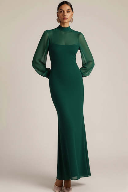 Emerald Green High Neck Mermaid Long Sleeves Wedding Guest Dress