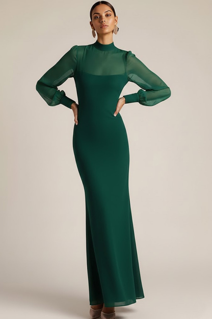 Emerald Green High Neck Mermaid Long Sleeves Wedding Guest Dress