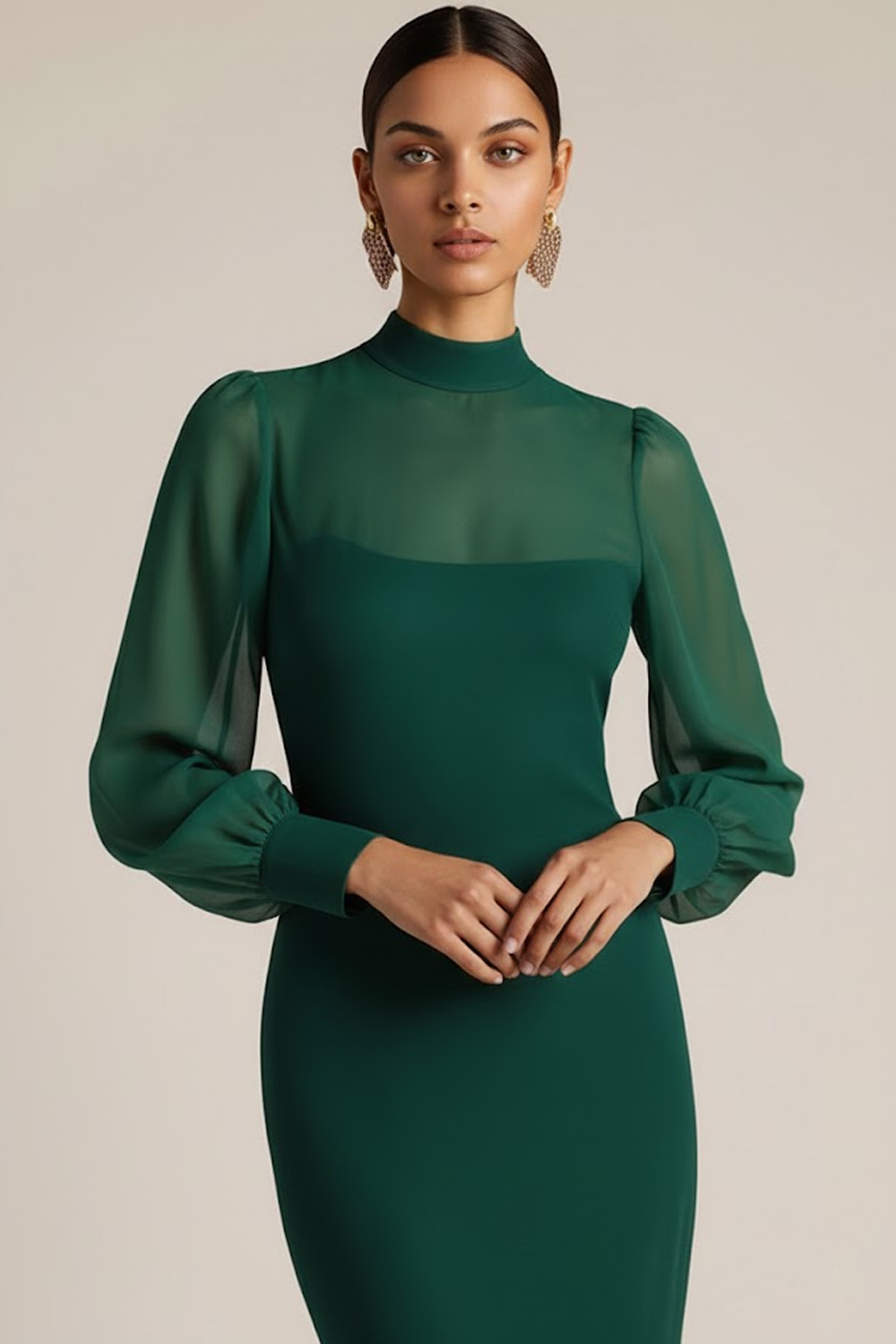 Emerald Green High Neck Mermaid Long Sleeves Wedding Guest Dress