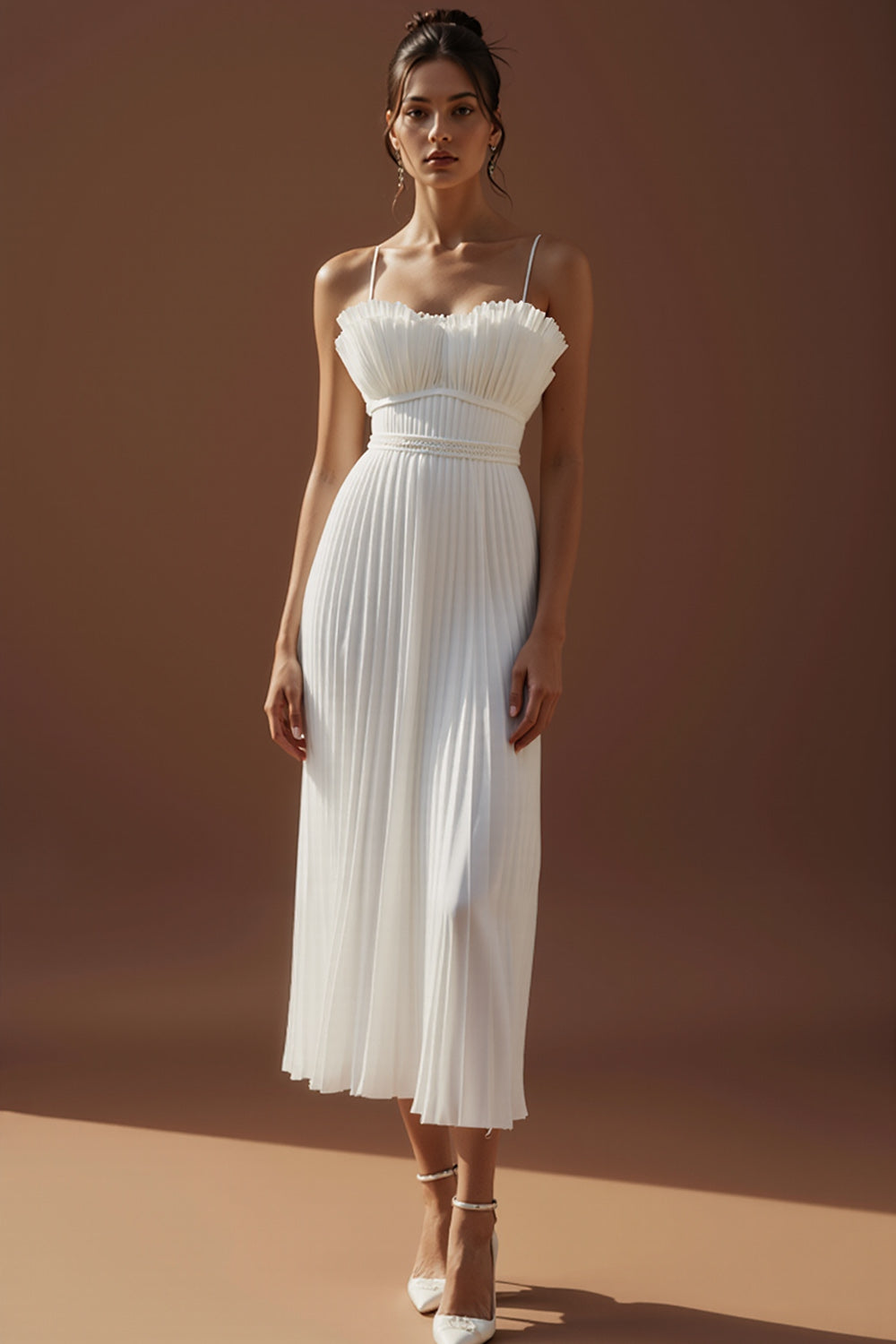White Pleated Spaghetti Straps Long Wedding Reception Dress