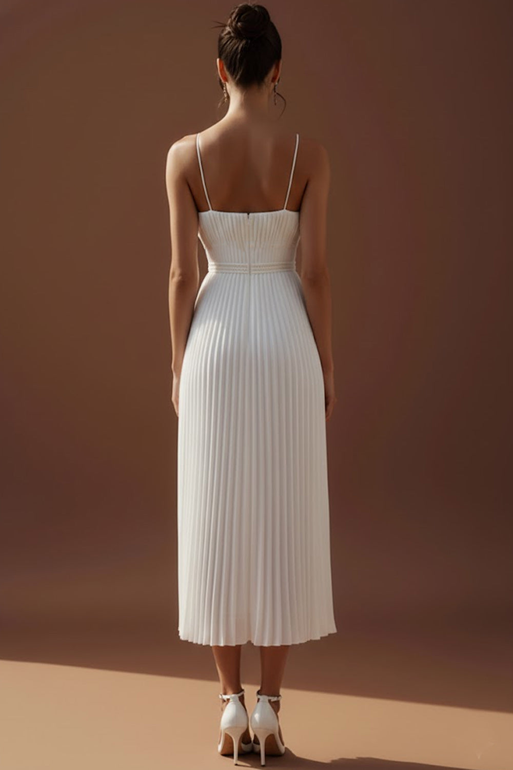 White Pleated Spaghetti Straps Long Wedding Reception Dress