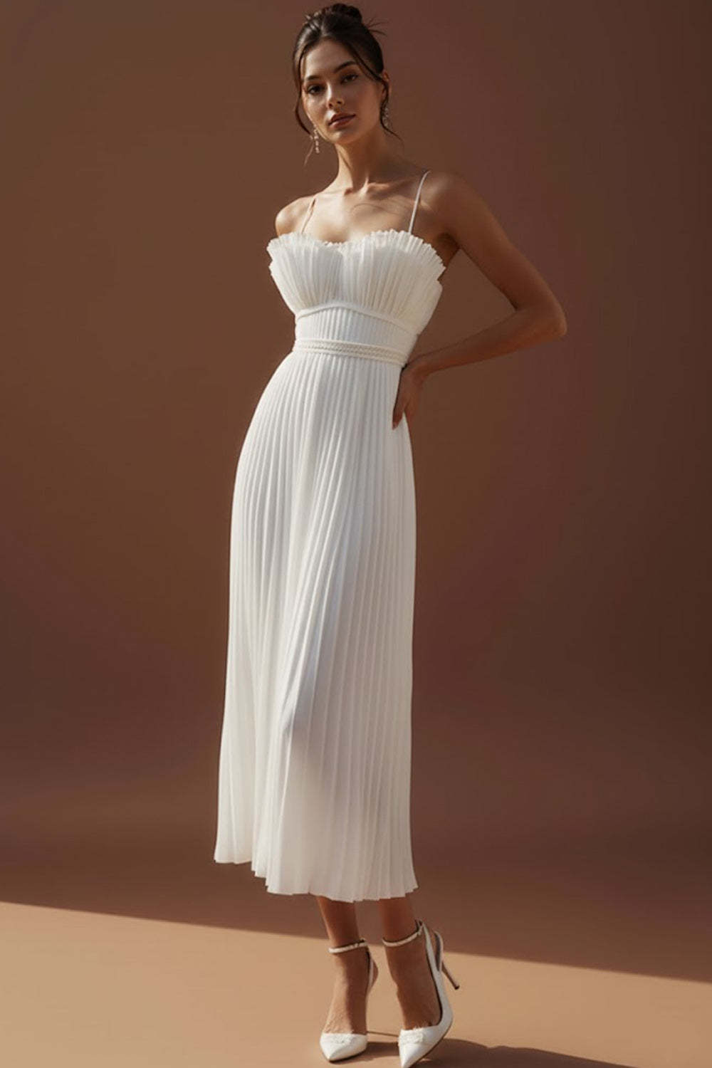 White Pleated Spaghetti Straps Long Wedding Reception Dress