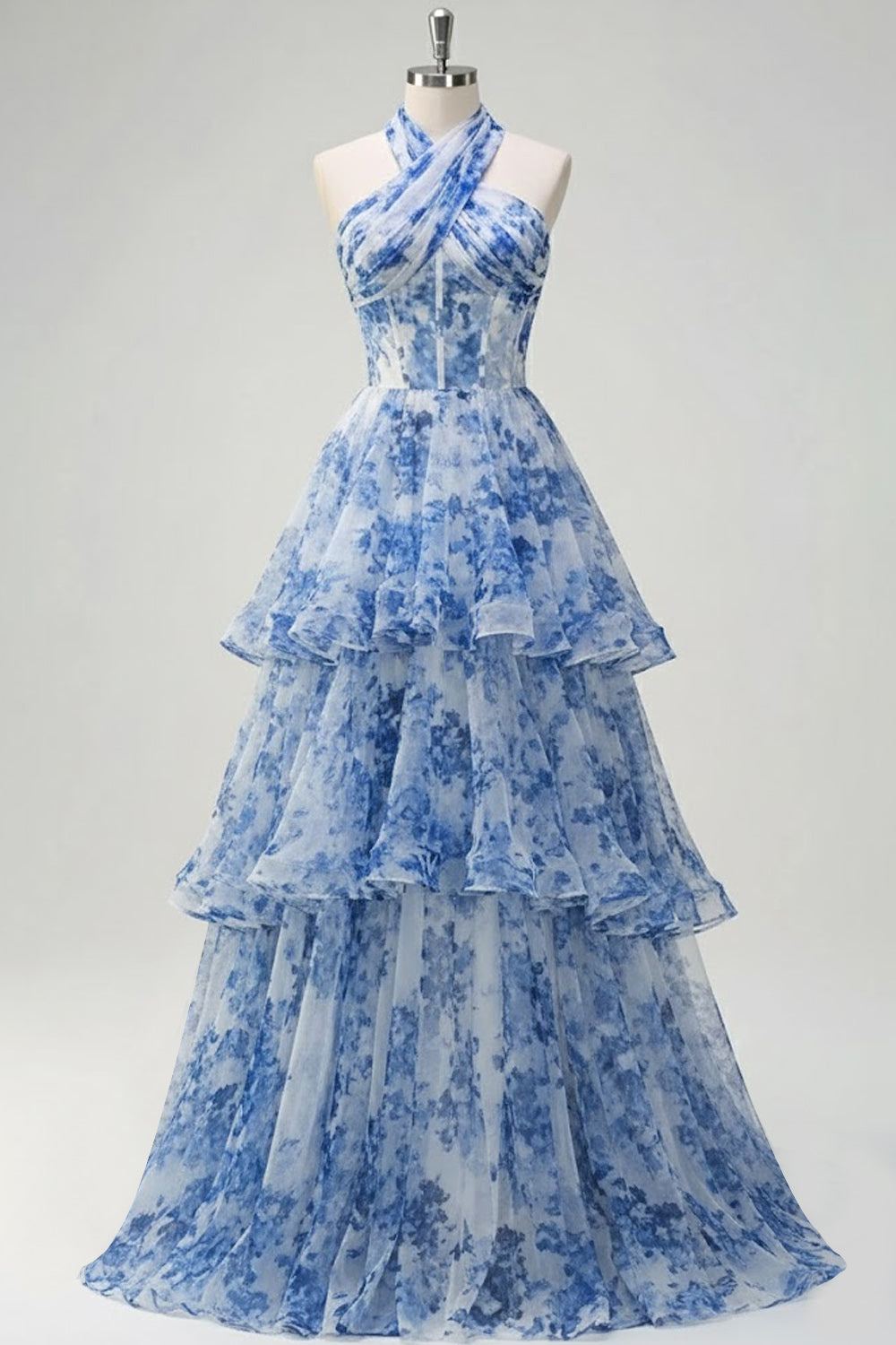 Leely Women Floral Blue Ruffled A Line Tiered Long Corset Prom Dress Criss Cross Neck Backless Pageant Dress