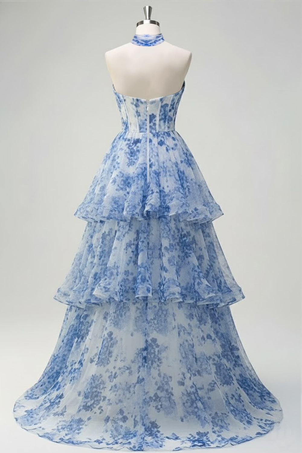 Floral Blue Ruffled Criss Cross Neck Tiered Long Corset Prom Dress