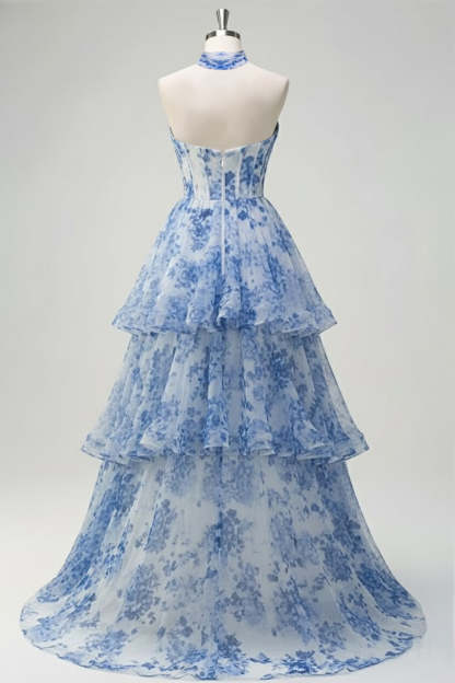 Floral Blue Ruffled Criss Cross Neck Tiered Long Corset Prom Dress