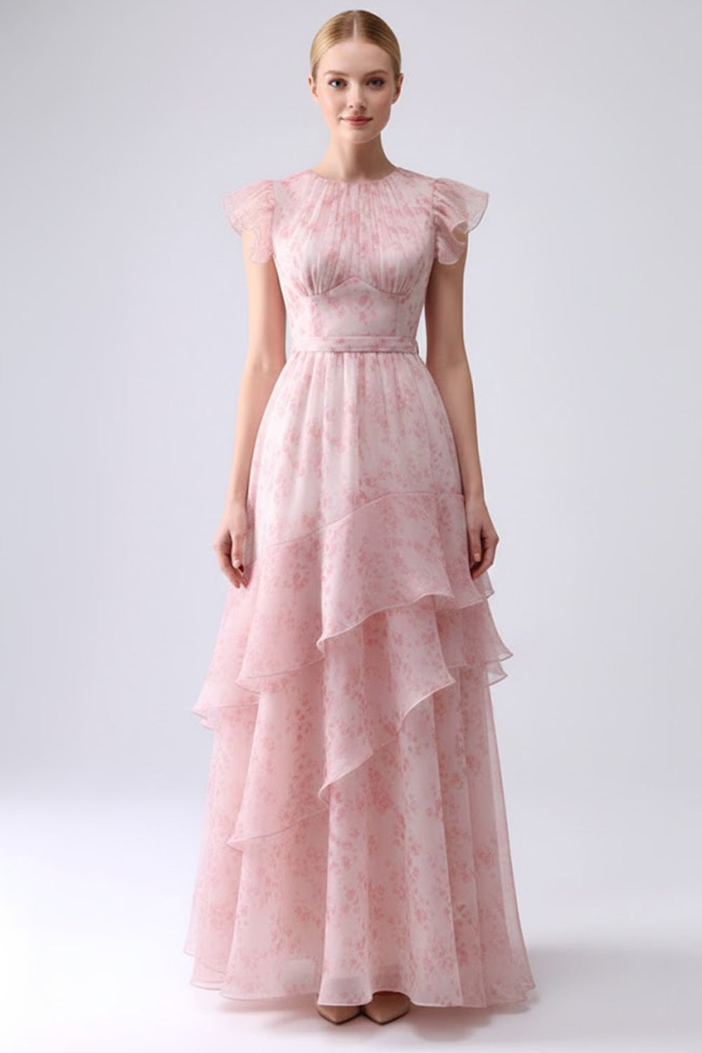 Leely Women Floral Blush Tiered Long Bridesmaid Dress with Ruffles Cap Sleeves A Line Organza Crew Neck Wedding Guest Dress