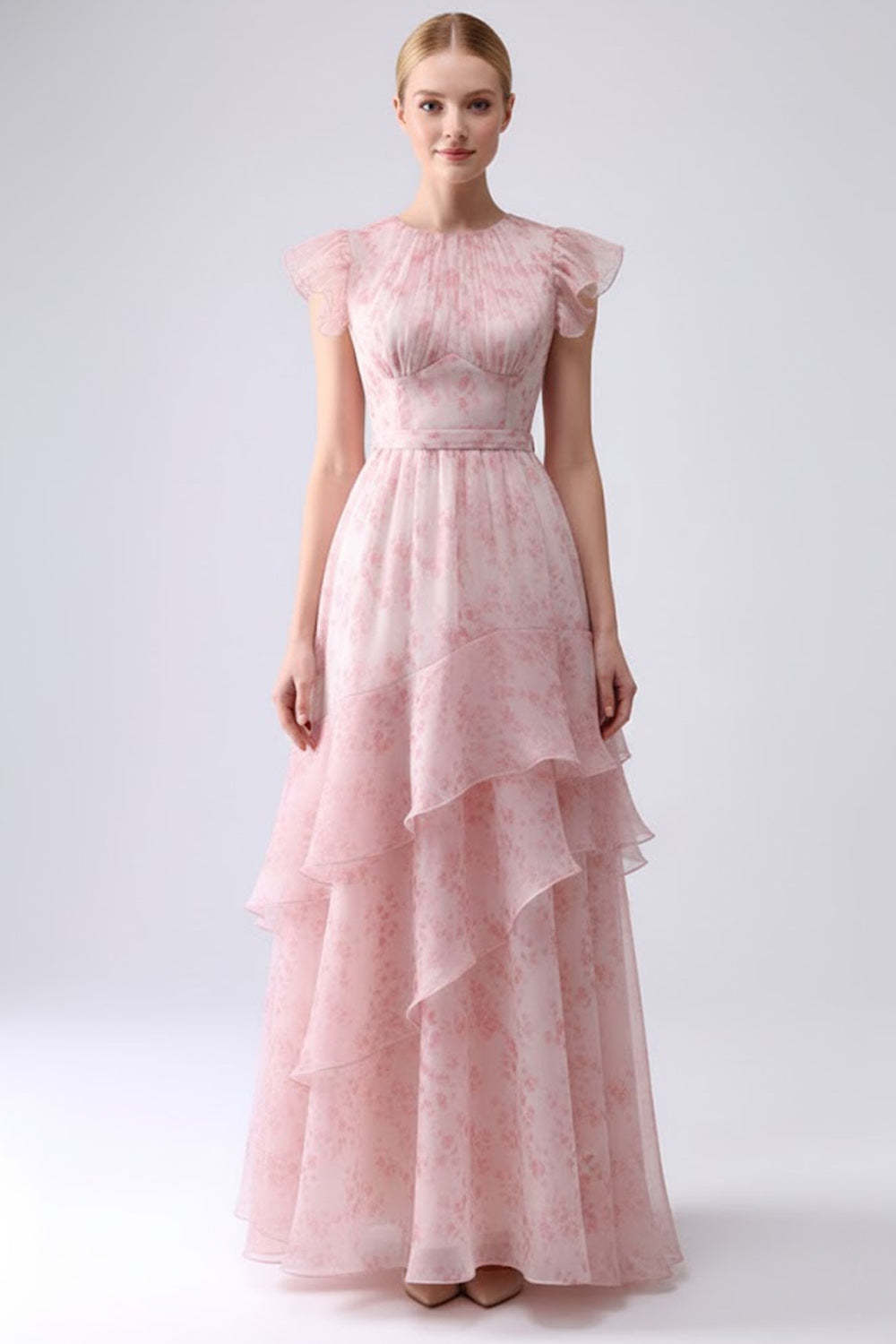 Leely Women Floral Blush Tiered Long Bridesmaid Dress with Ruffles Cap Sleeves A Line Organza Crew Neck Wedding Guest Dress