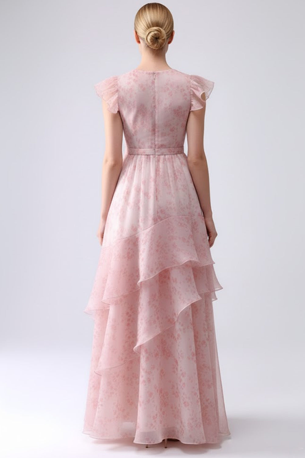 Floral Blush Tiered A Line Long Bridesmaid Dress with Ruffles