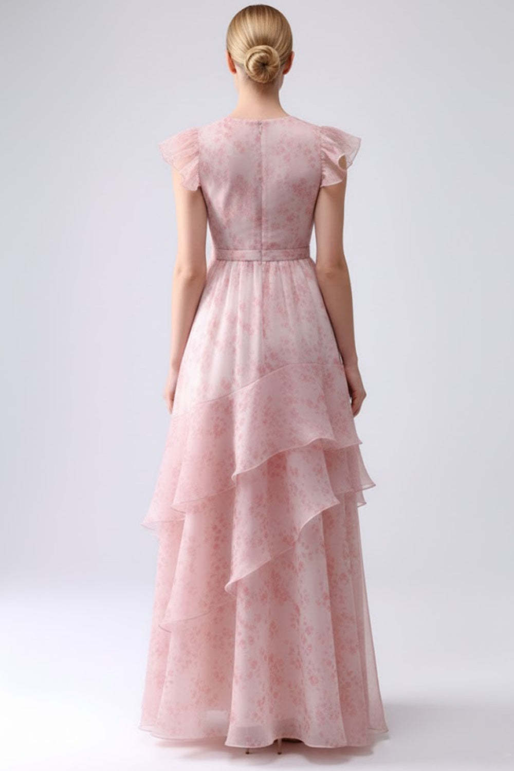 Floral Blush Tiered A Line Long Bridesmaid Dress with Ruffles