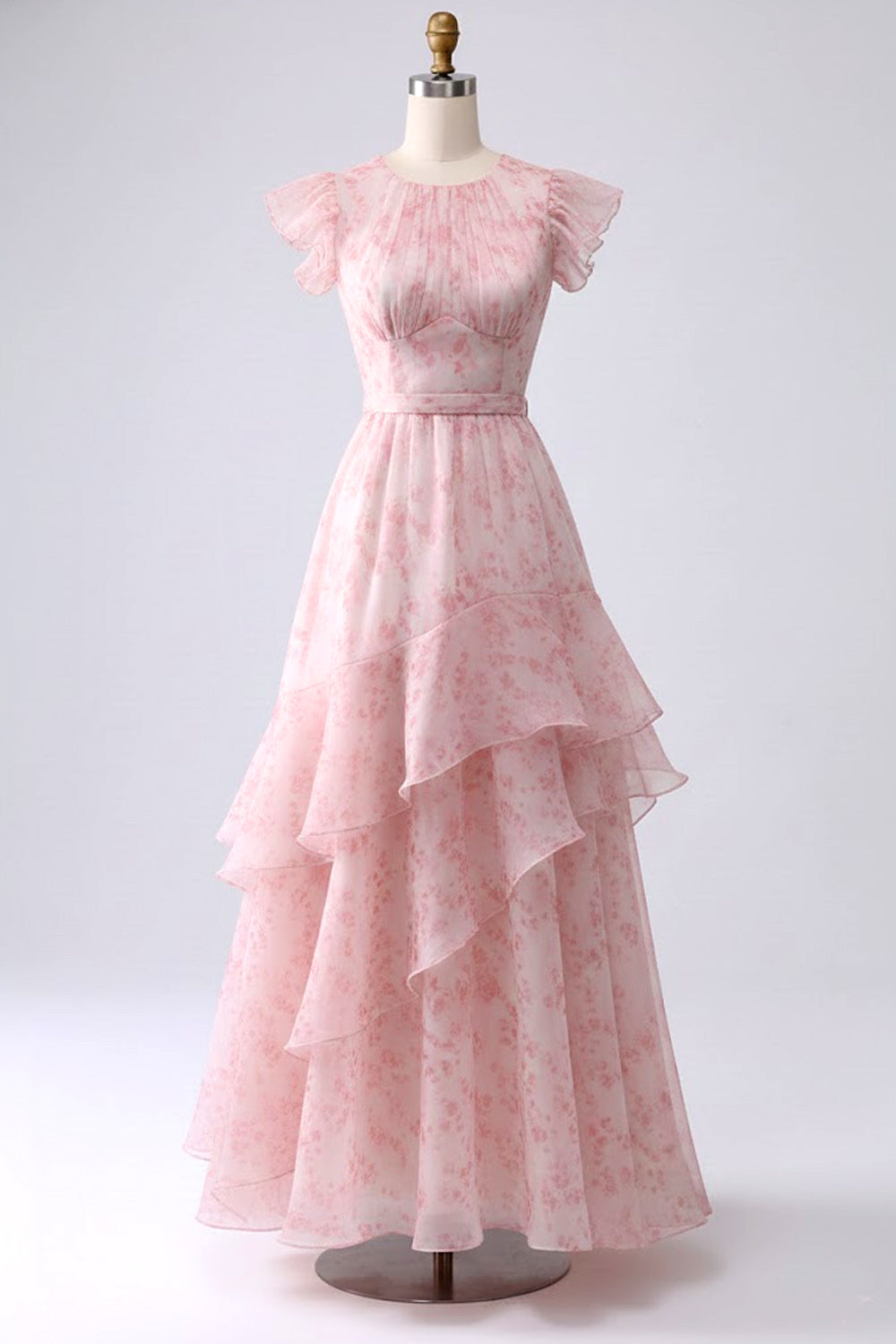 Floral Blush Tiered A Line Long Bridesmaid Dress with Ruffles