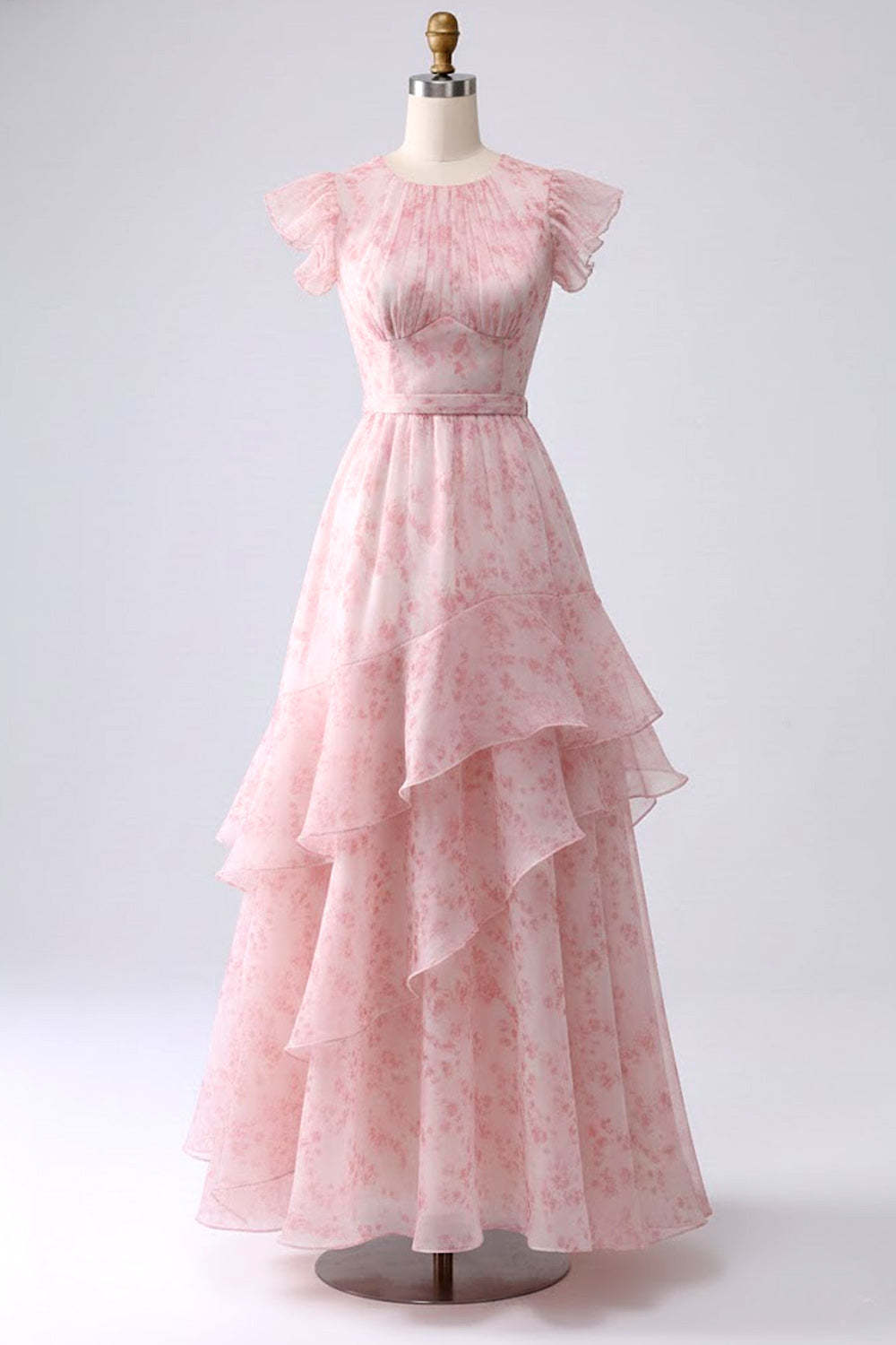 Floral Blush Tiered A Line Long Bridesmaid Dress with Ruffles