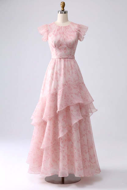 Floral Blush Tiered A Line Long Bridesmaid Dress with Ruffles