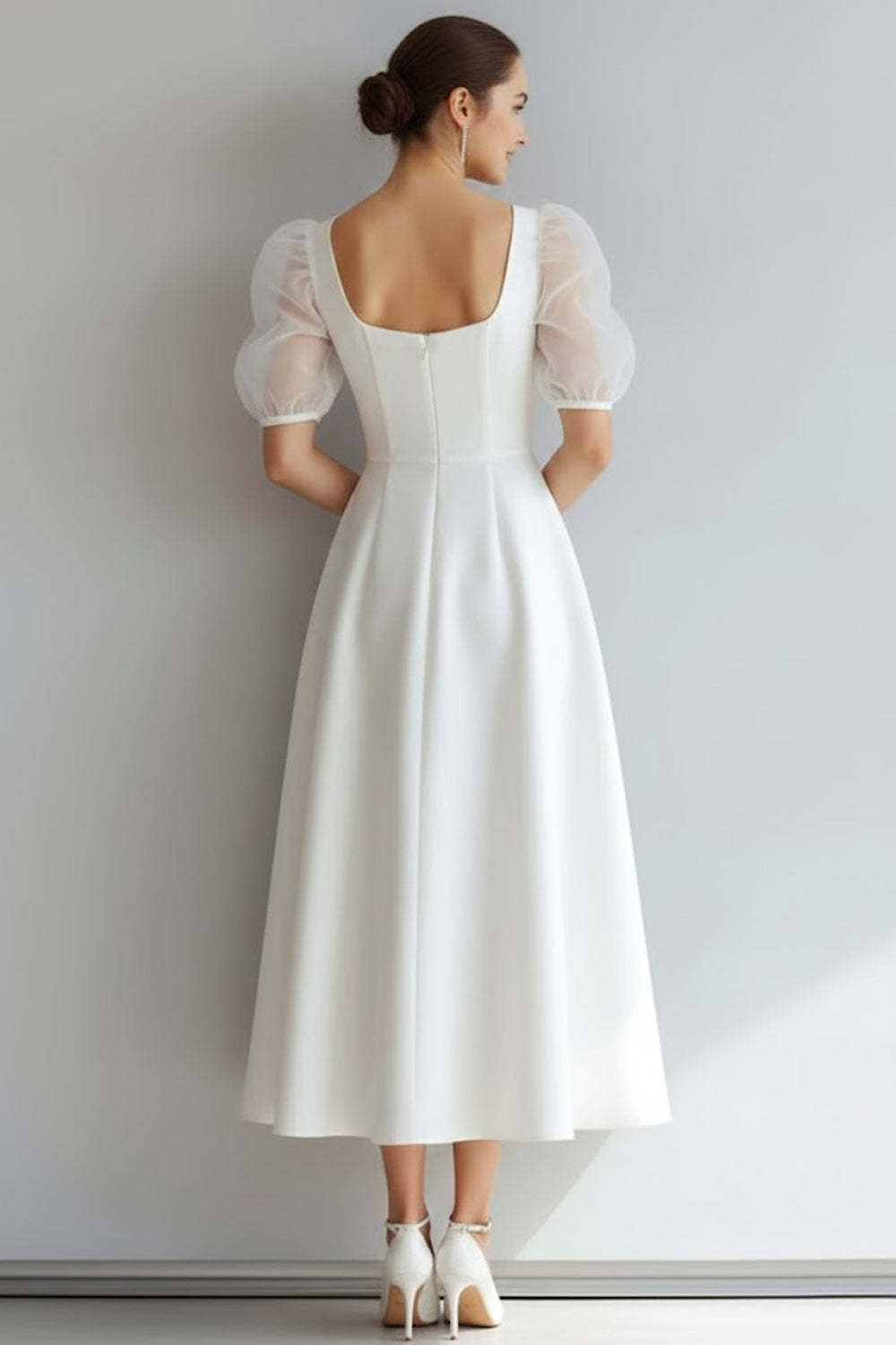 White A Line Square Neck Maxi Wedding Reception Dress with Sleeves