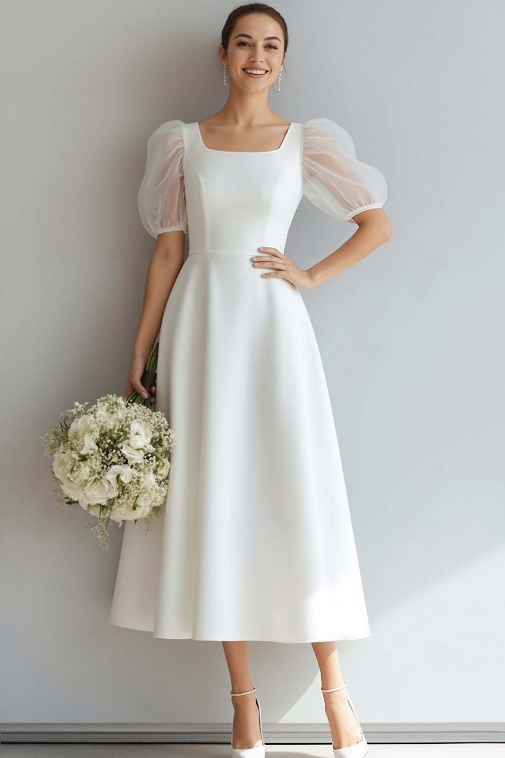 White A Line Square Neck Maxi Wedding Reception Dress with Sleeves