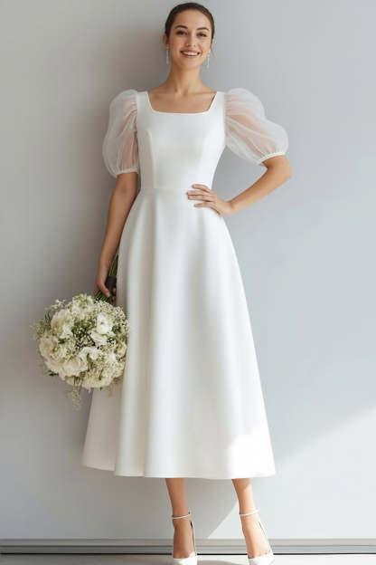 White A Line Square Neck Maxi Wedding Reception Dress with Sleeves
