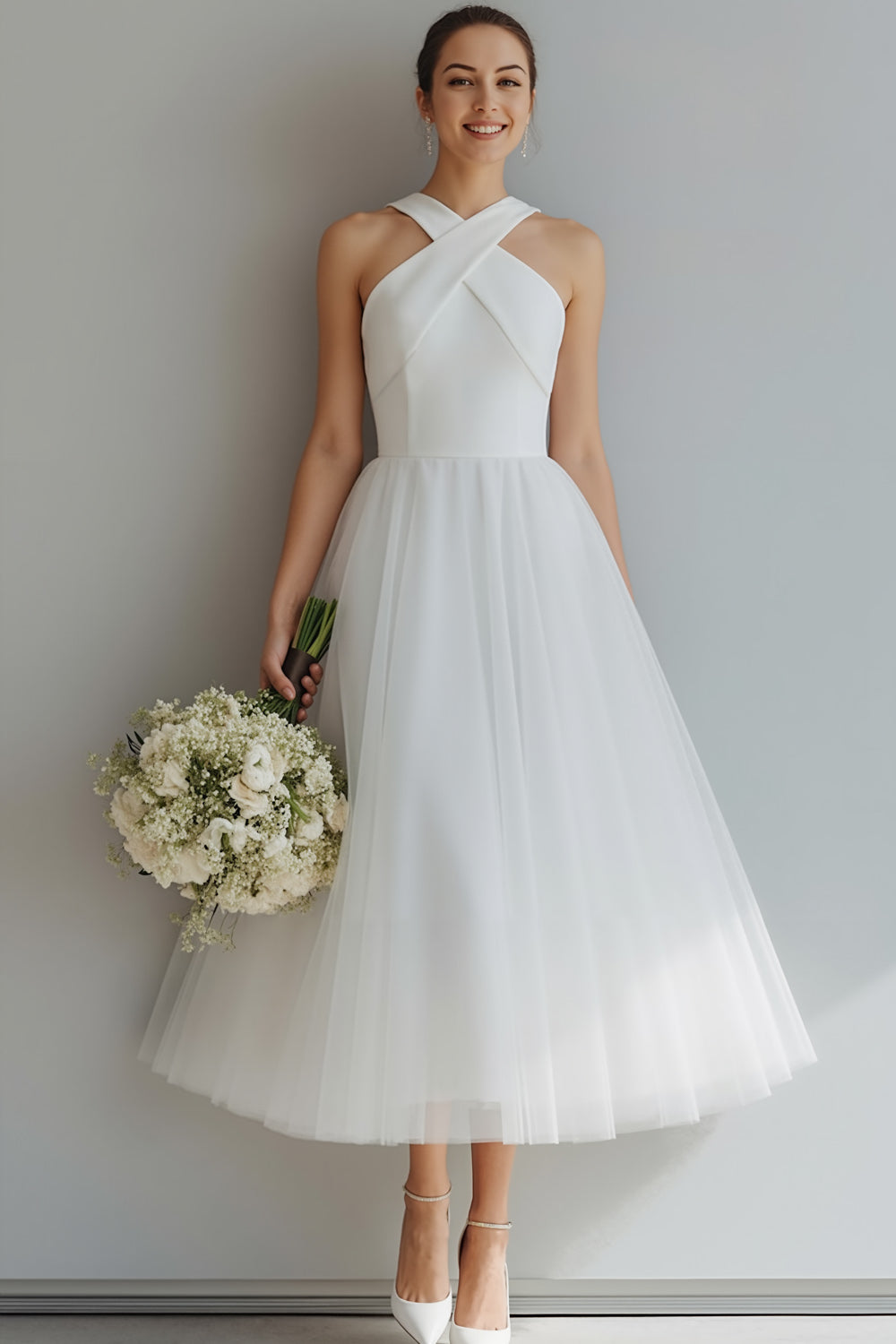 White Tulle A Line Criss Cross Neck Long Wedding Reception Dress
