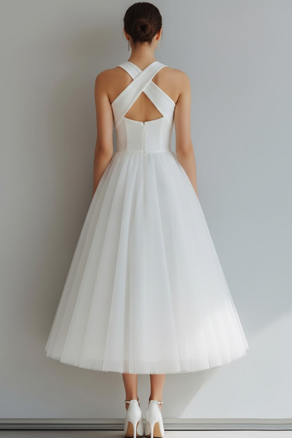 White Tulle A Line Criss Cross Neck Long Wedding Reception Dress