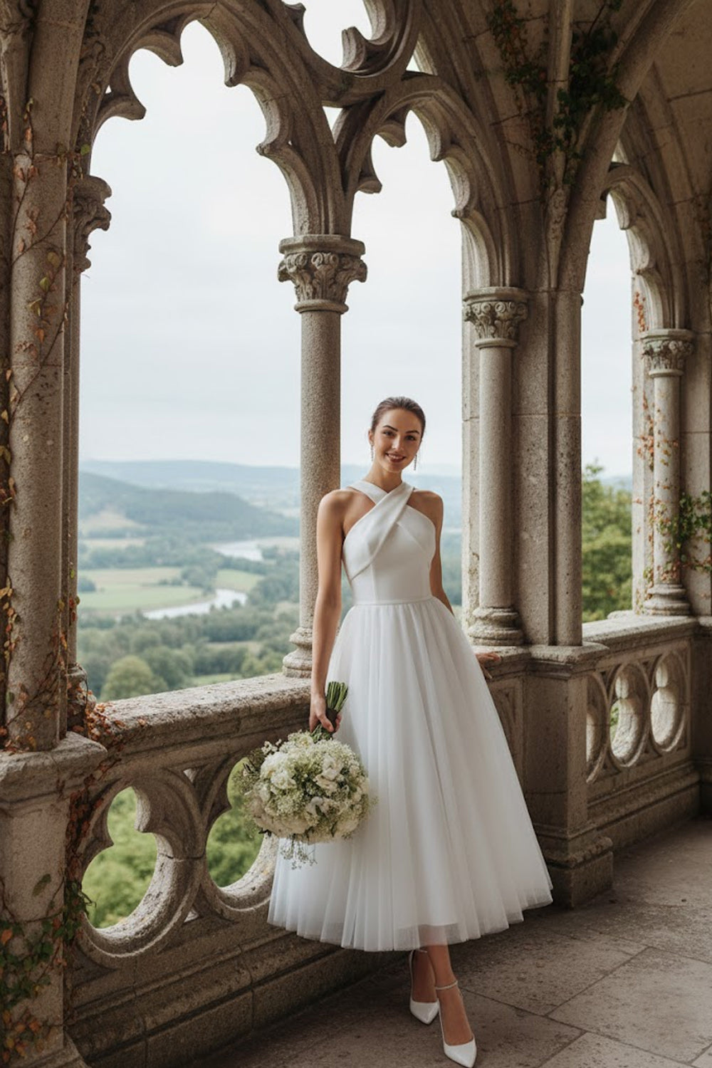 White Tulle A Line Criss Cross Neck Long Wedding Reception Dress