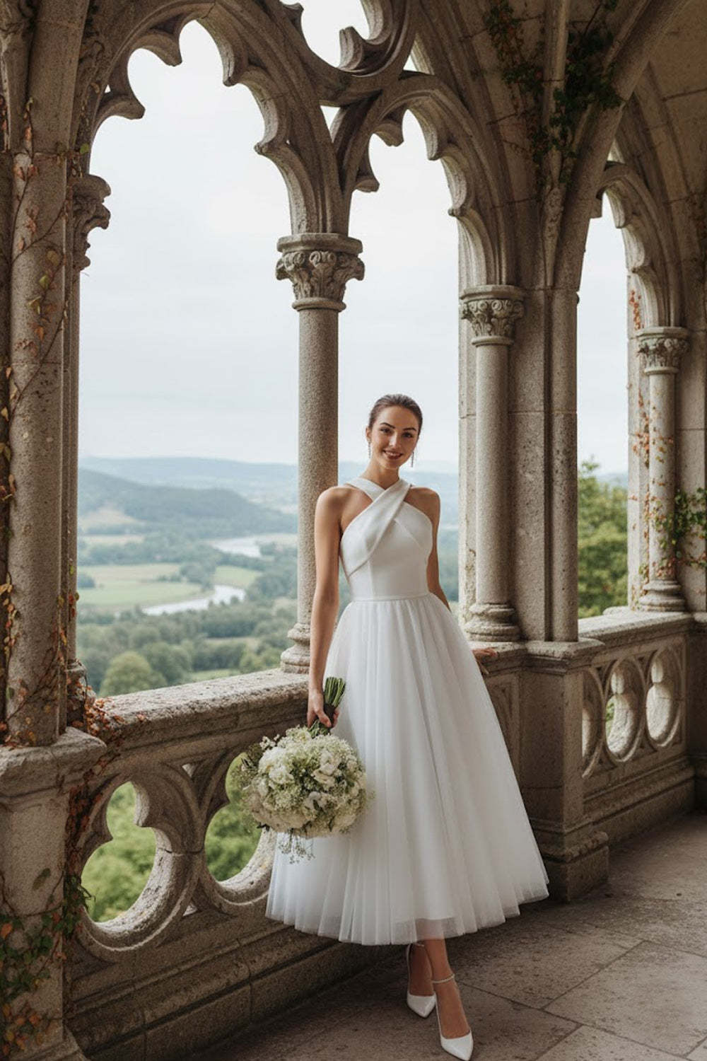 White Tulle A Line Criss Cross Neck Long Wedding Reception Dress