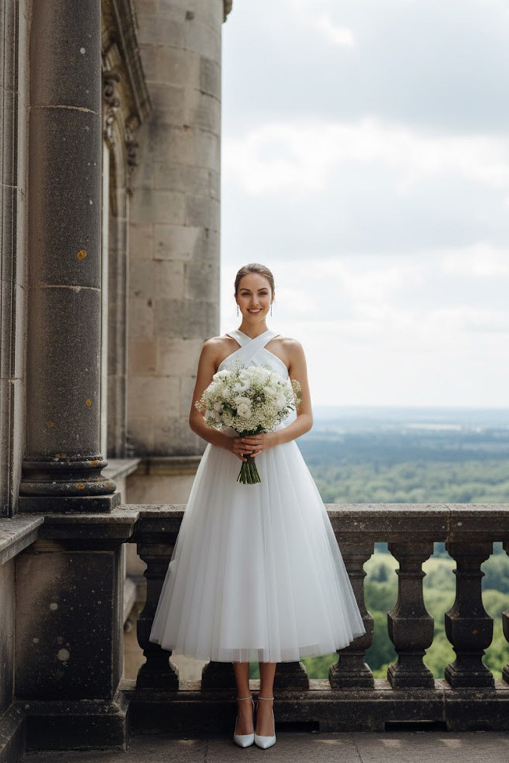White Tulle A Line Criss Cross Neck Long Wedding Reception Dress