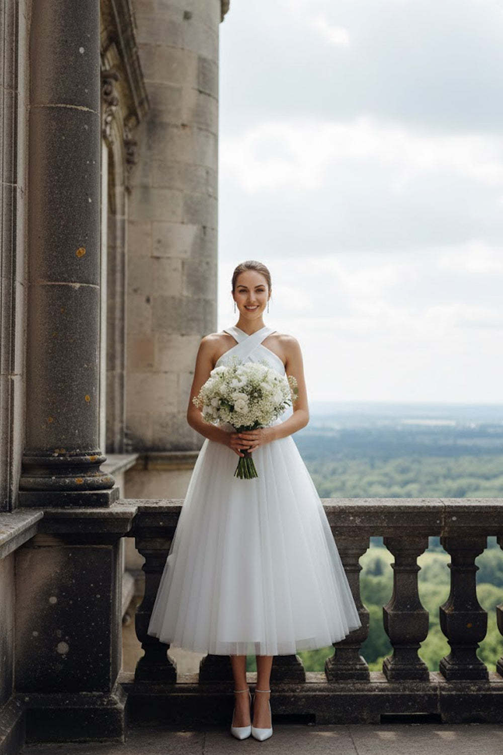 White Tulle A Line Criss Cross Neck Long Wedding Reception Dress
