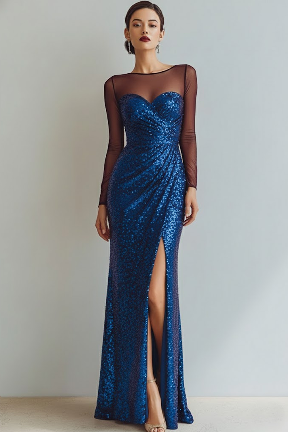 Sparkly Blue Sequin Bateau Neck Sheath Long Evening Dress with Slit