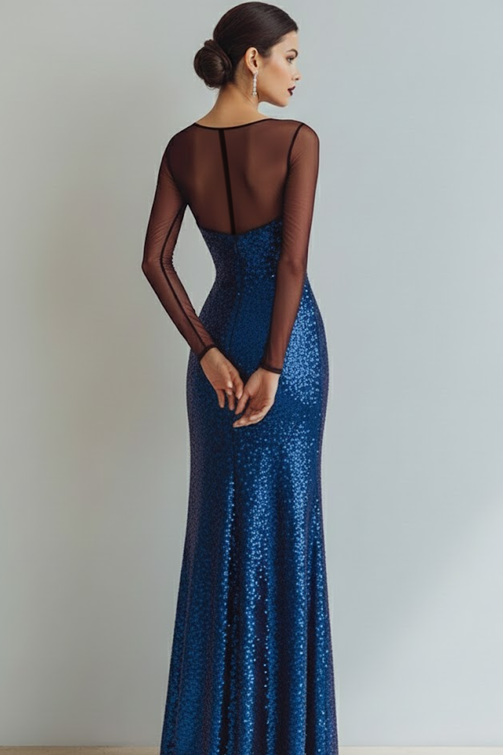 Sparkly Blue Sequin Bateau Neck Sheath Long Evening Dress with Slit