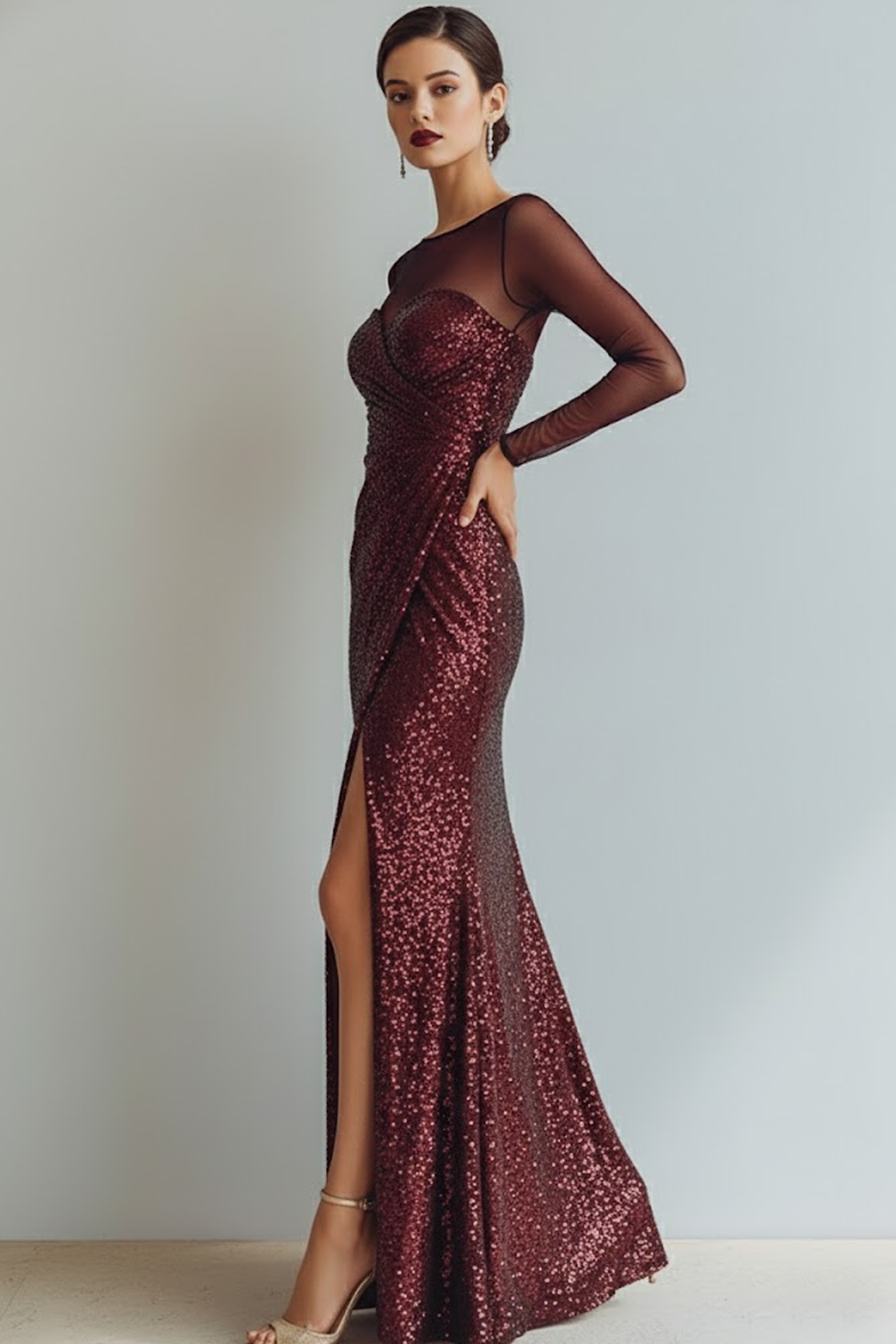 Sparkly Blue Sequin Bateau Neck Sheath Long Evening Dress with Slit